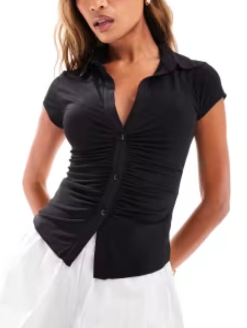 ASOS Black Slinky Rushed Plunge Shirt Sleeve Polo Shirt Medium